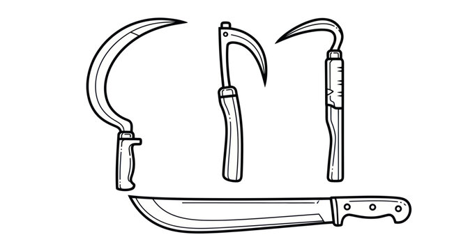 Hand Drawn Agricultural Tools: Sickles and Machete on White Background