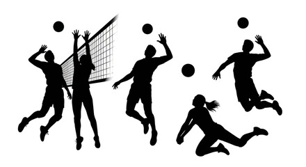 Fototapeta premium Volleyball Players Silhouette Action Set - Jumping, Spiking, Diving