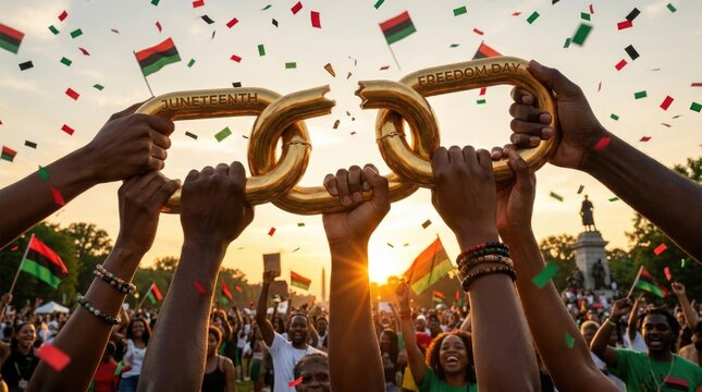 Juneteenth, U.S. federal holiday commemorating emancipation of slaves in United States, observed June 19, celebrating freedom, liberation, remembrance, with a symbolic broken golden chain.