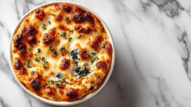 A warm, bubbling dish of baked spinach and cheese sits invitingly in a white bowl. The golden crust is complemented by fresh herbs, creating a delightful, savory aroma