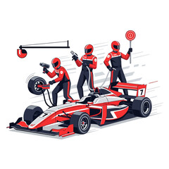 Naklejka premium Formula racing car pit stop with crew illustration