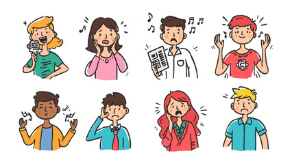 Fototapeta premium Emotions on Display: A collection of cartoon characters express a spectrum of human emotions, from excitement and singing to shock, confusion, and worry, capturing the diverse range of feelings.