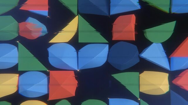 Colorful geometric shapes with glitch effects in abstract style on dark background, concept of digital distortion and chaos