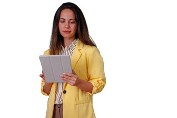 Obraz premium Woman entrepreneur using tablet, standing in yellow blazer, connecting in digital business world, transparent background