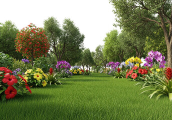 Obraz premium Lush green grass field with vibrant hibiscus, orchids, and bromeliad flowers surrounded by leafy trees against a black background