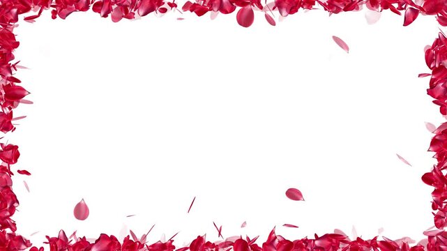 Red Rose Petals Floating Along a Rectangular Border Loop. Rectangle Frame Feature with Floating Rose Petals Trail.