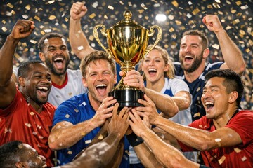 Fototapeta premium A group of soccer players holding a trophy together, celebrating their victory