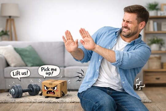 A person sitting on the floor in front of a box with a hand-drawn face