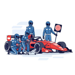 Naklejka premium Formula racing crew servicing race car, illustration