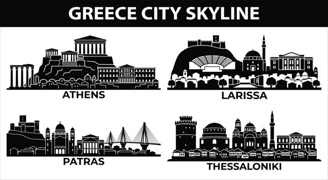 Black skyline set of Greek cities