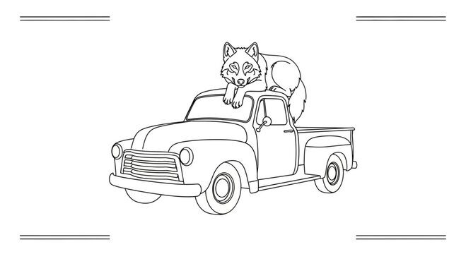 Cute Wolf Dog Relaxing on Vintage Pickup Truck Bed, Line Art Illustration