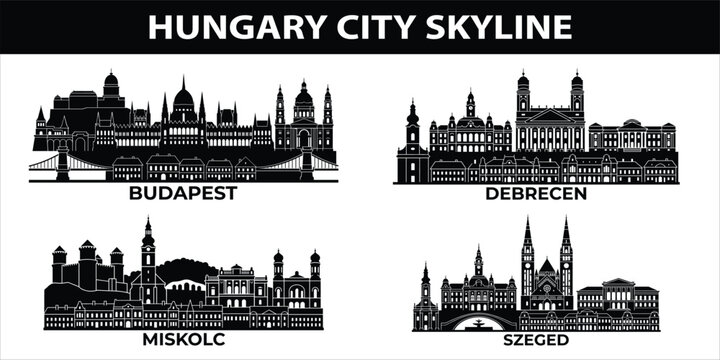 Hungary city skylines in black set