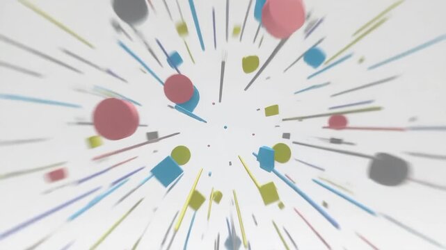 Abstract colorful geometric shapes in minimalist style on white background, concept of creativity and dynamic motion