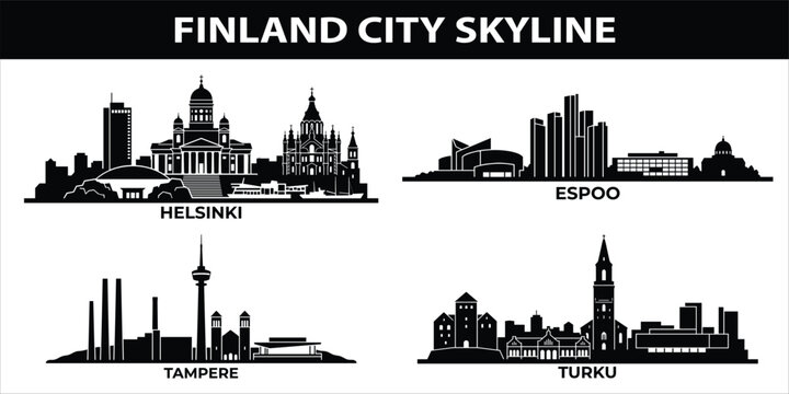Black city skylines of Helsinki, Espoo, Tampere, Turku in Finland