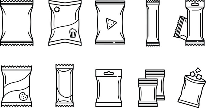 Snack and Candy Packaging Line Icon Vector Set with Blank Food Pouches Wrappers Foil Bags and Sugar Packets