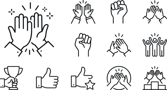 Success and Celebration Hand Gestures Line Icon Set with High Five Clapping Hands Trophy and Thumbs Up Symbols