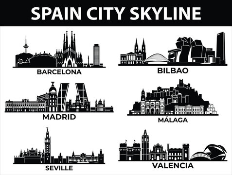 Black city skyline set of Madrid, Barcelona, Valencia, Seville, Bilbao, M&aacute;laga