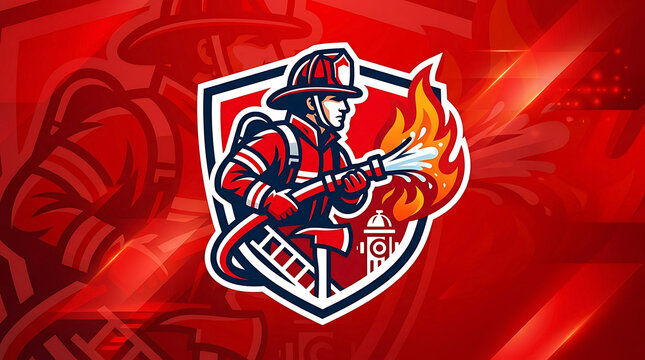 Firefighter logo with flame, shield emblem, red background