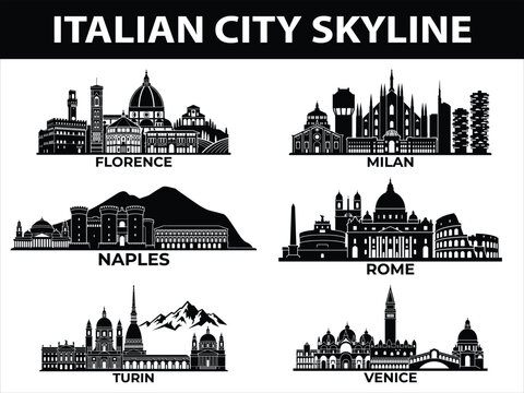 Italian city skylines in black silhouette set