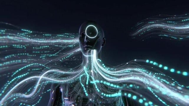 A humanoid figure with luminous data streams in a futuristic graphic style on a dark background, concept of advanced technology