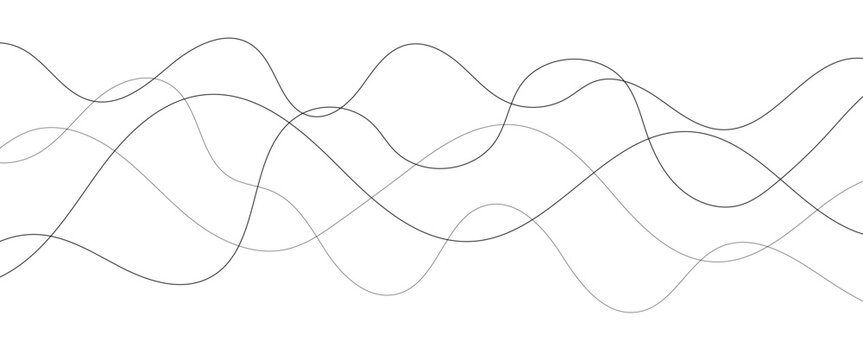 Curved black long lines seamless wave pattern. Thin line wavy abstract vector background. Wavy line horizontal divider wavy pattern. Curve line art striped. Abstract wave elements. Vector illustration