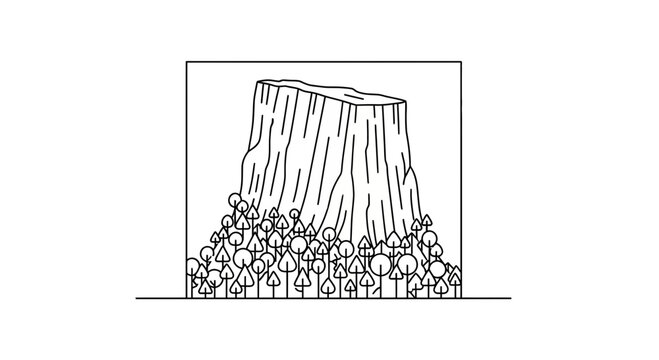 Devils Tower National Monument Wyoming Outline Drawing with Trees
