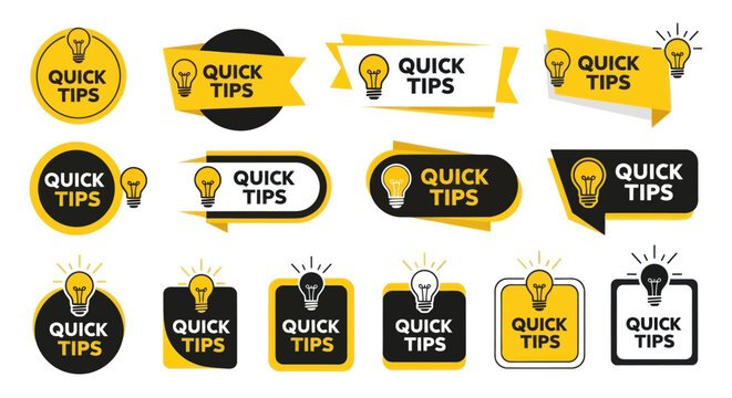 A collection of various quick tip labels and icons with lightbulbs are displayed.