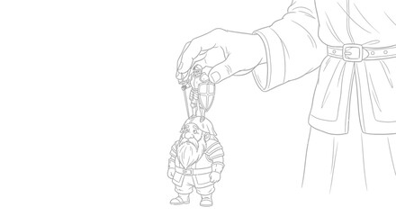 Fototapeta premium Hand holding a dwarf figurine keychain, fantasy character, detailed drawing