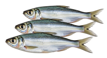 Obraz premium Three Fresh Silver Fish Arranged Horizontally on Transparent Background