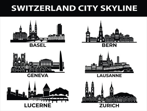 Switzerland city skylines in black