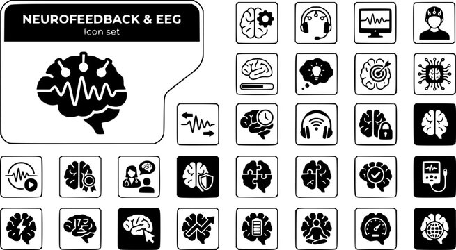 Neurofeedback EEG Brain Training Icon Set Neural Waves Cognitive Therapy NeuroTech Mental Performance Vector Illustration