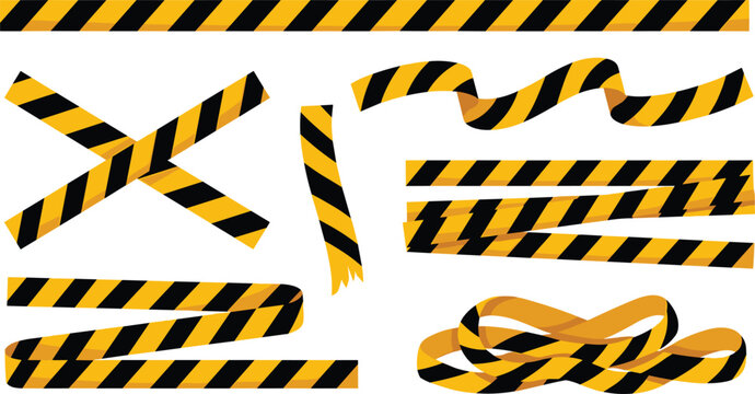Yellow and Black Striped Caution Tape Vector Set with Warning Barrier Ribbons for Construction and Crime Scene Designs
