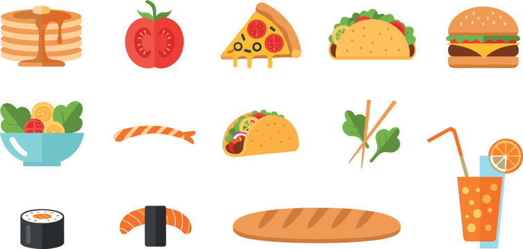 Food Illustration Featuring Diverse Cuisine and Meal Scenes in Vector Artwork