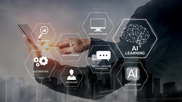 AI learning system involves deep learning, supervised machine learning, and natural language processing. AI learning diagram shows how AI advances learn in automation and data processing. Muxer