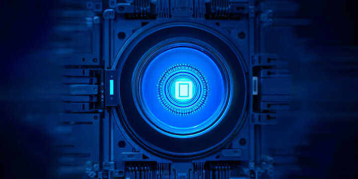 Cyberpunk Supercomputer Core Glowing Bright Blue on Dark Blue Background