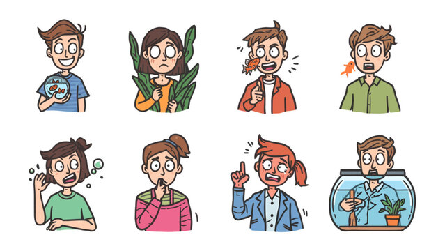 Emotions Explored: A collection of expressive cartoon characters depicting a range of human emotions and reactions, from surprise and fear to joy and confusion, each in a unique scenario.