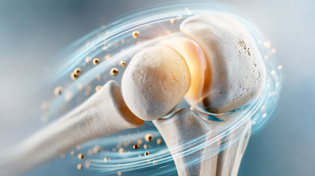 Anatomical illustration of a human shoulder joint with glowing cartilage and motion particles.