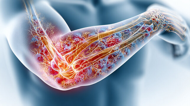 Medical illustration of human elbow joint inflammation with highlighted painful area in red.