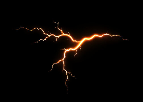 Orange and yellow lightning bolt creating a powerful electrical discharge against a black background, representing power and force