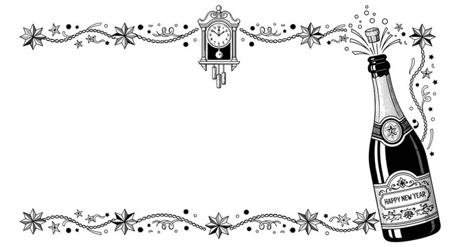 Champagne bottle exploding with celebratory bubbles and festive border.