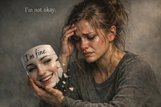 A person wearing a mask with a message expressing emotional distress