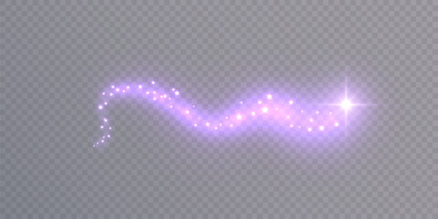 Waving purple and pink light trail creating a sparkling star path with a bright starburst on a transparent background © MAKSYM
