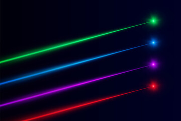 Naklejka premium Colorful laser beams with bright glowing points on a dark background. Vector light effect for stage shows, concerts, sci-fi scenes and dynamic overlays.