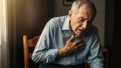 Fototapeta premium An elderly man experiencing chest pain or discomfort, clutching his chest with a pained expression.
