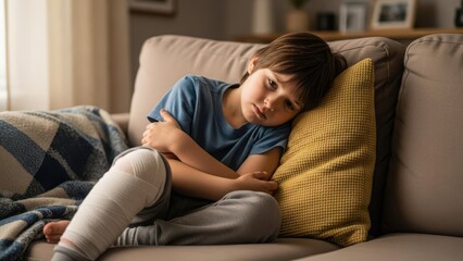 Obraz premium A young boy with a bandaged leg sits uncomfortably on a sofa, holding his stomach in pain, looking unwell.