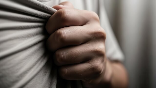 A close-up shot of a person's hand tightly gripping a grey fabric, conveying stress or anxiety.