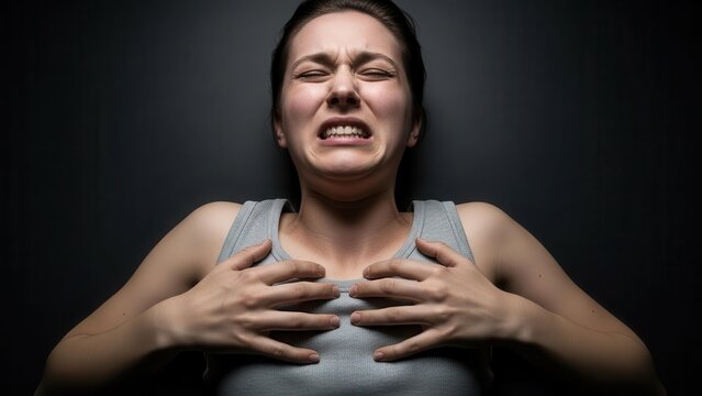 A woman in intense emotional distress clutches her chest with a pained, contorted expression against a dark background.