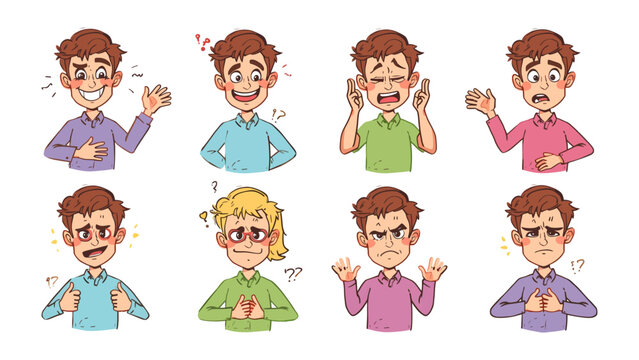 Collection of Diverse Emotions: A set of eight illustrated characters displaying a wide spectrum of human emotions, from joy and excitement to sadness and anger.
