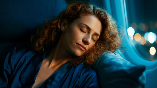 Woman sleeping on an airplane seat during a night flight. Tired passenger suffering from jetlag. Exhausted traveler catching up on rest. Long haul travel and aviation transport concept.