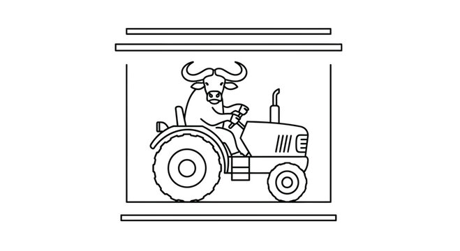 Funny Cartoon Bull Driving a Tractor, Farm Animal Character, Agricultural Vehicle